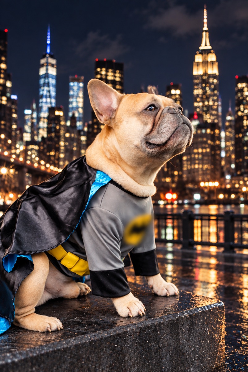 AI digital art: Goku in a caped superhero costume on a rainy city waterfront at night